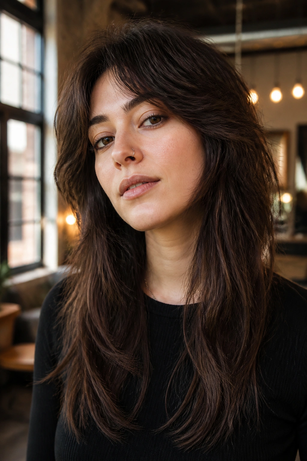 Close-up of a person with a long wolf cut and tapered ends.