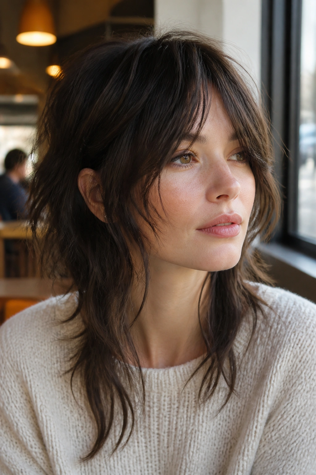 Close-up of a real woman with long face-framing tendrils in cafe light