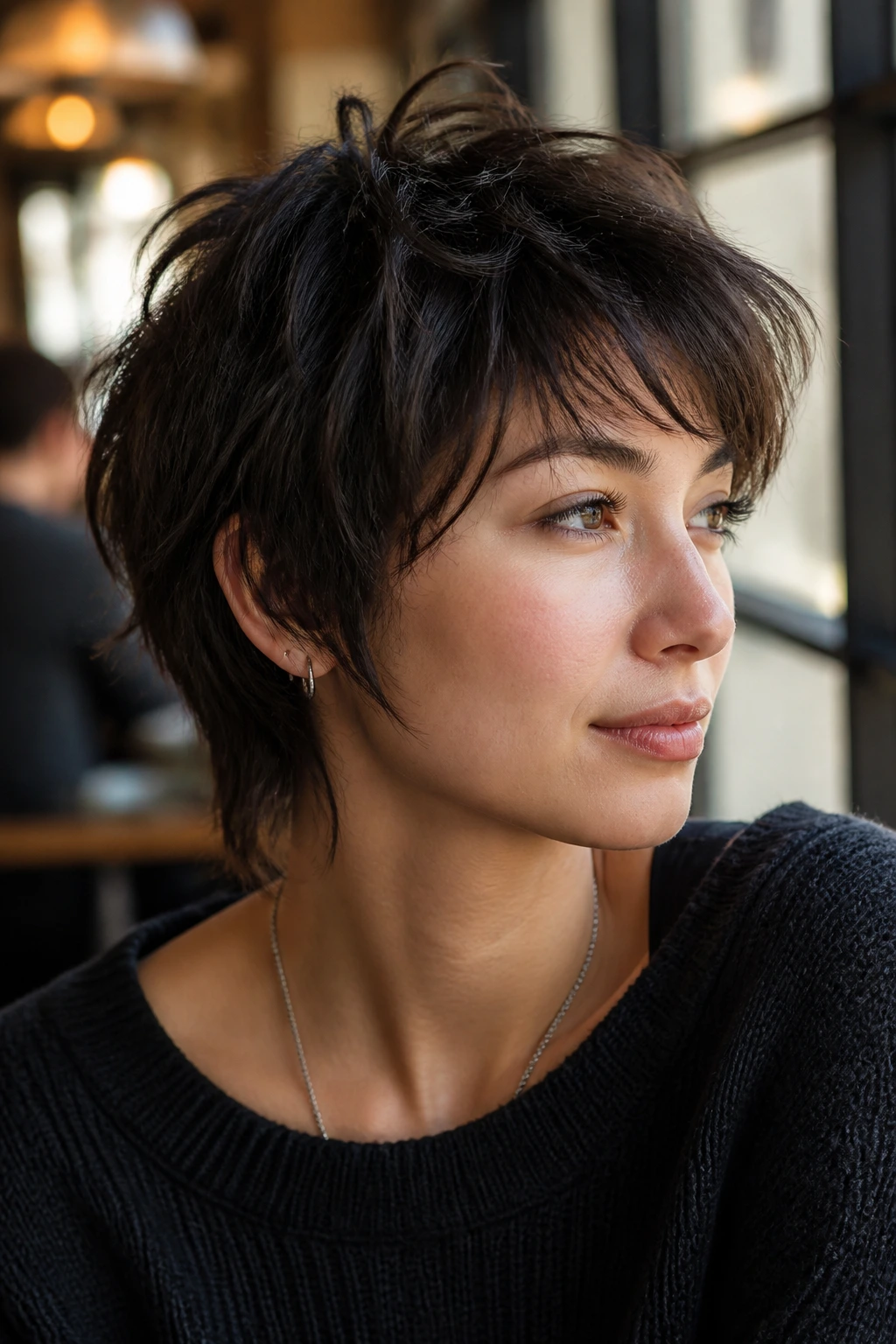 Close-up of a real woman with a short wolf cut showing crown volume.