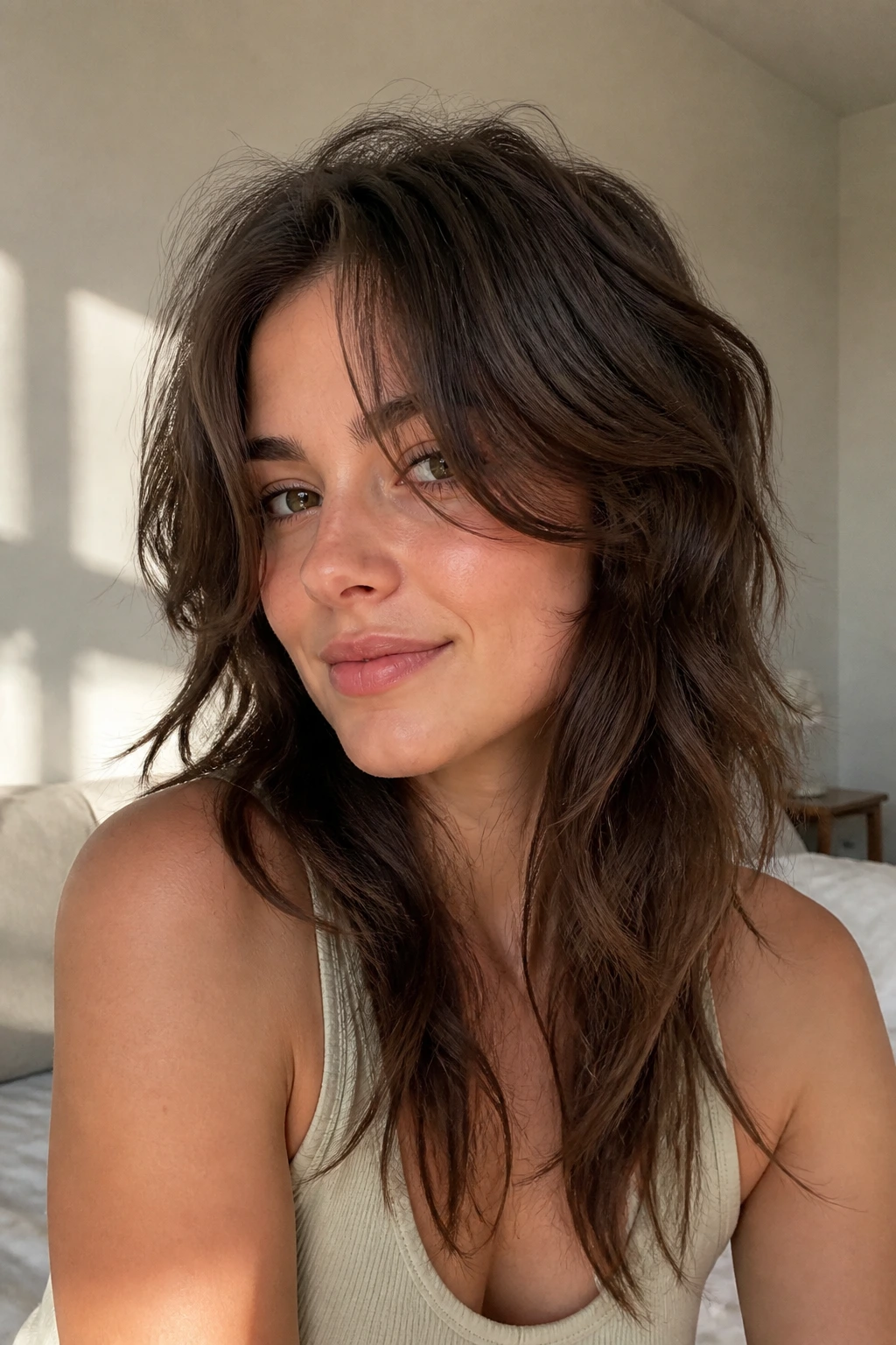Close-up of a real woman with a soft wolf cut and longer ends