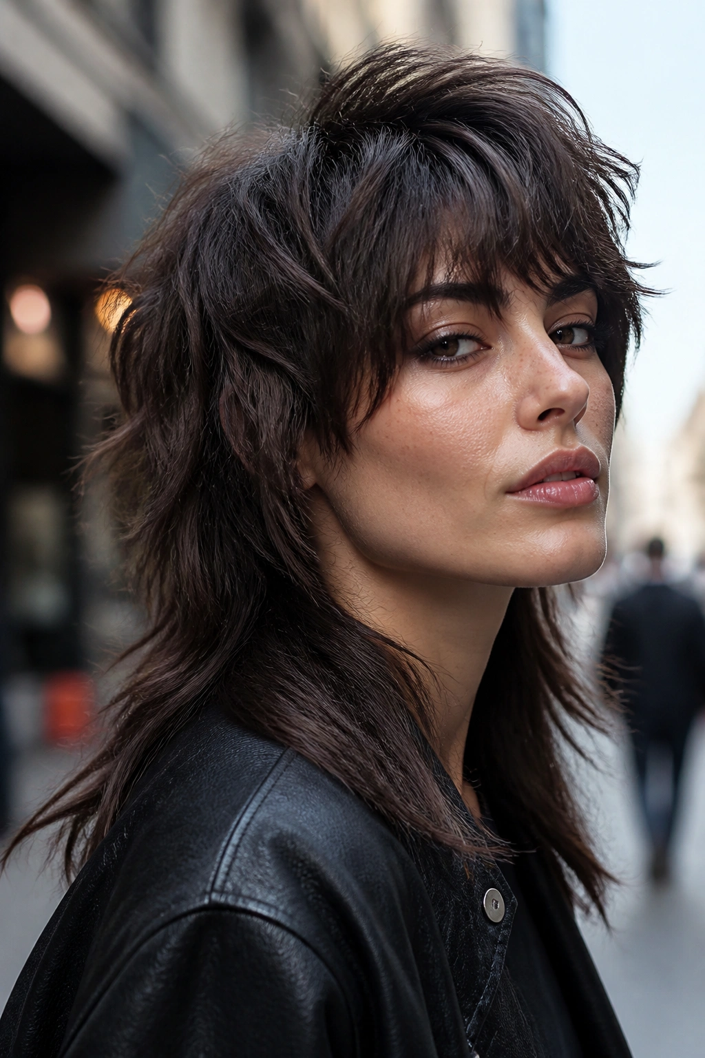 Real person with thick hair styled in a wolf cut showing lifted crown and textured edges in an urban setting