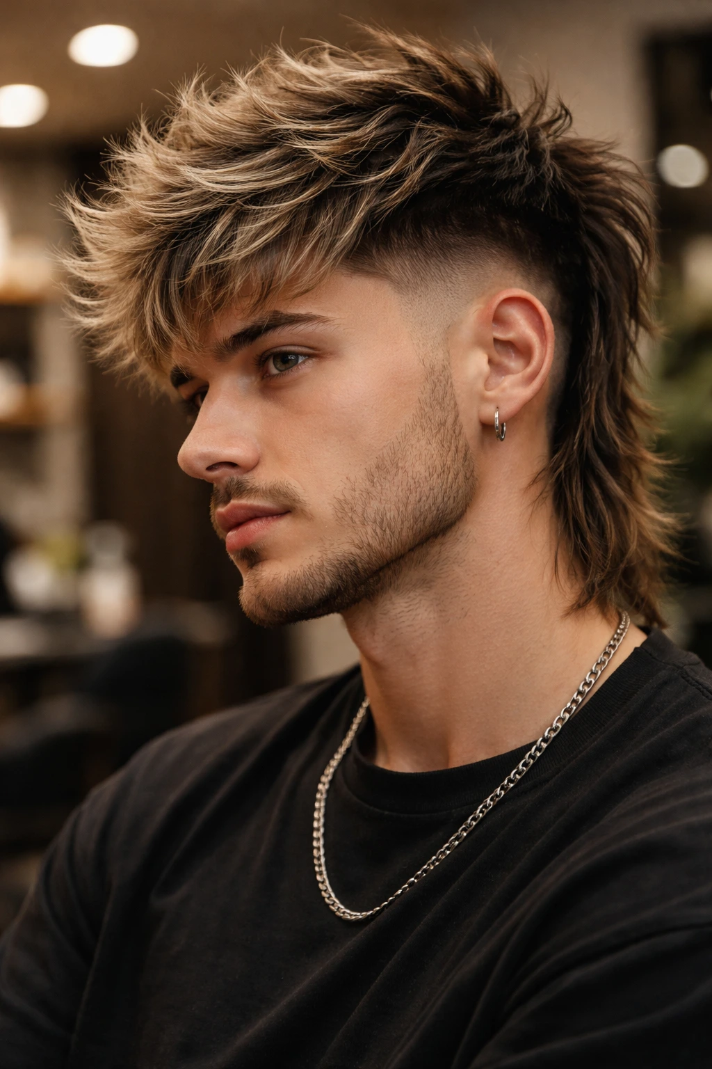 Close-up portrait of a person with a wolf cut and shaved sides in a salon