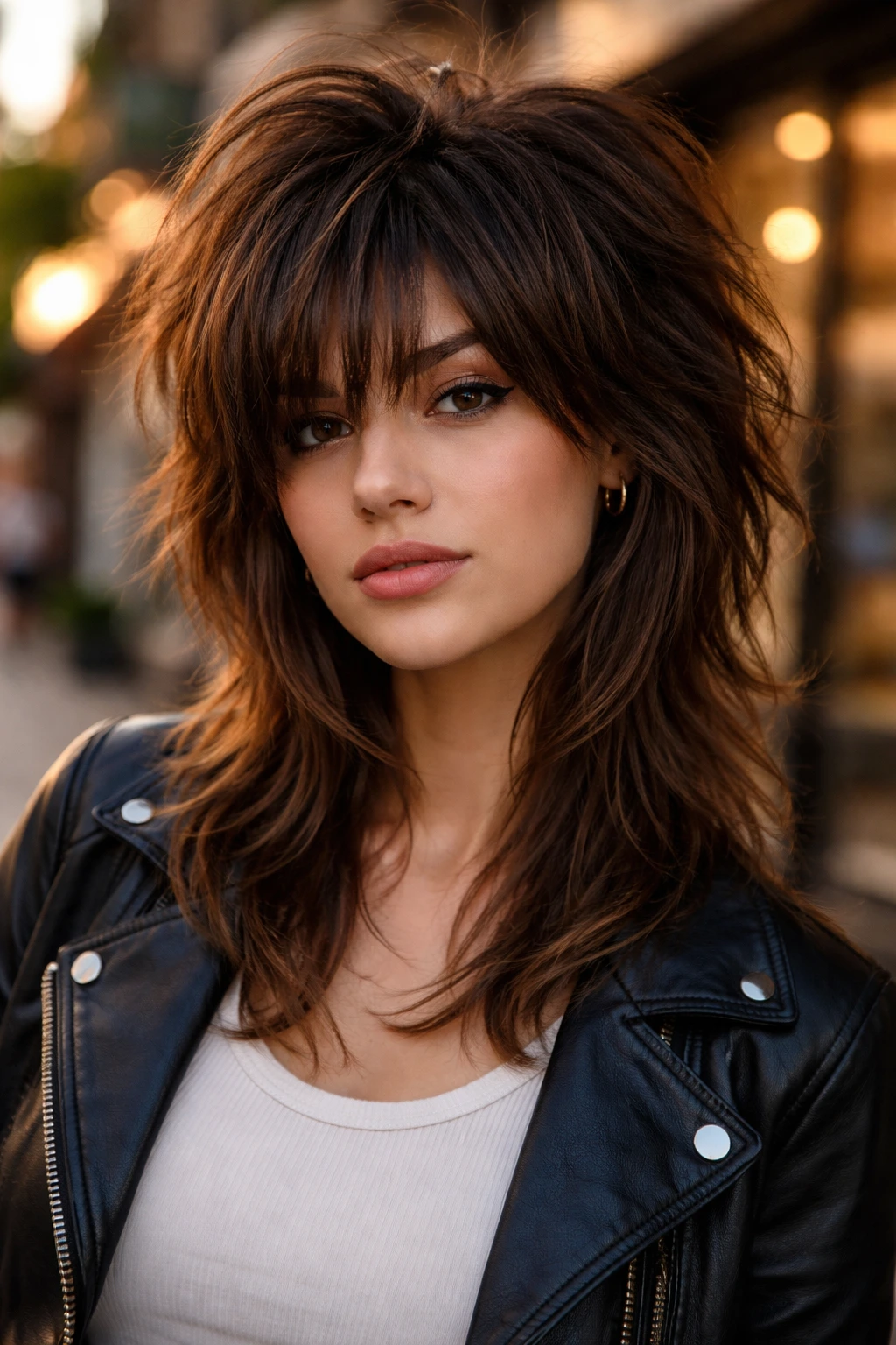 Real person with Modern Wolf Cut in an urban golden-hour setting.
