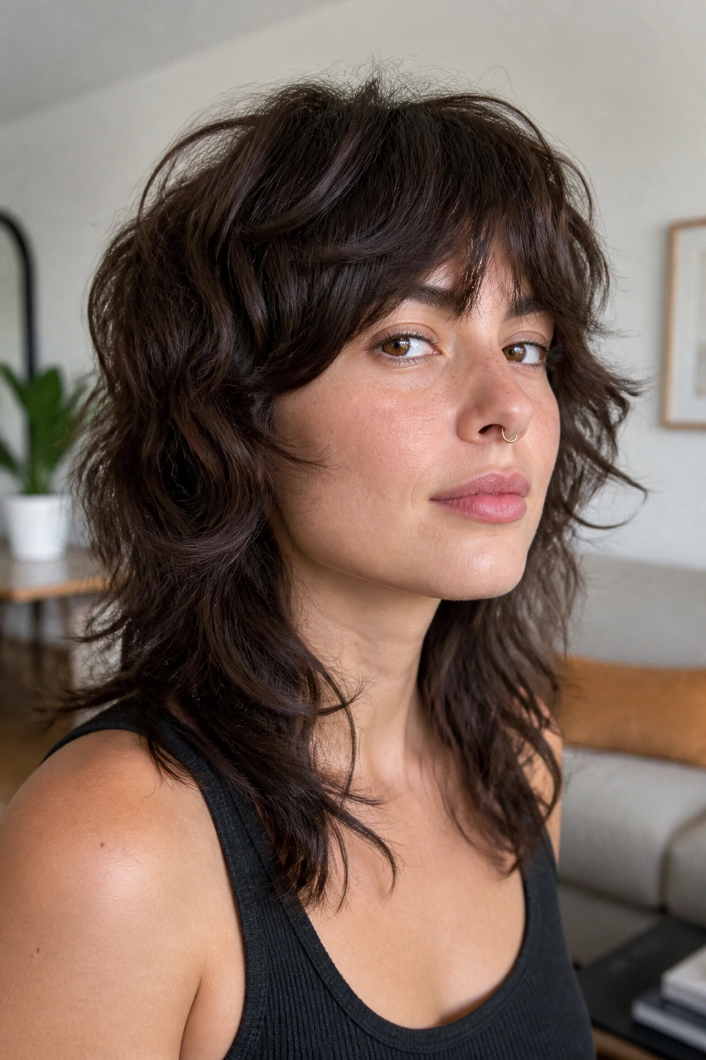 Real woman with wolf cut and soft waves in a stylish living room