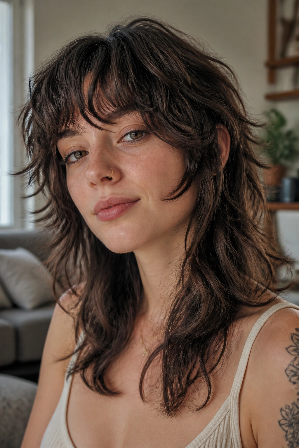 Close-up portrait of a real woman with a wolf cut on wavy hair in warm window light.