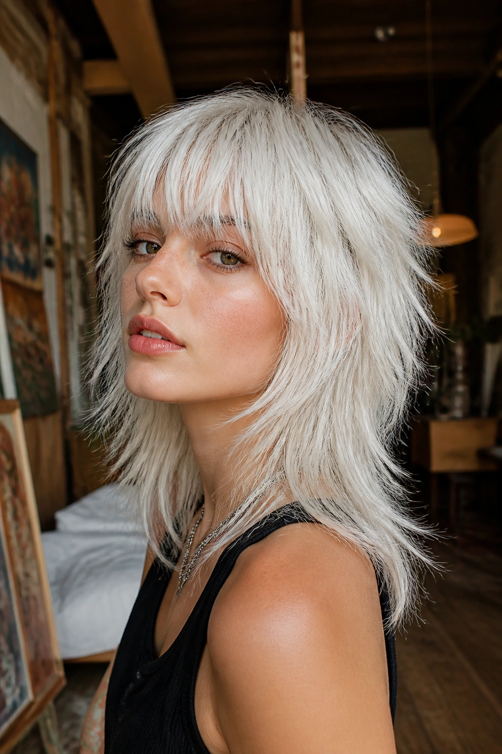 Portrait of a real person with white bangs and a wolf cut in a boho-studio setting.