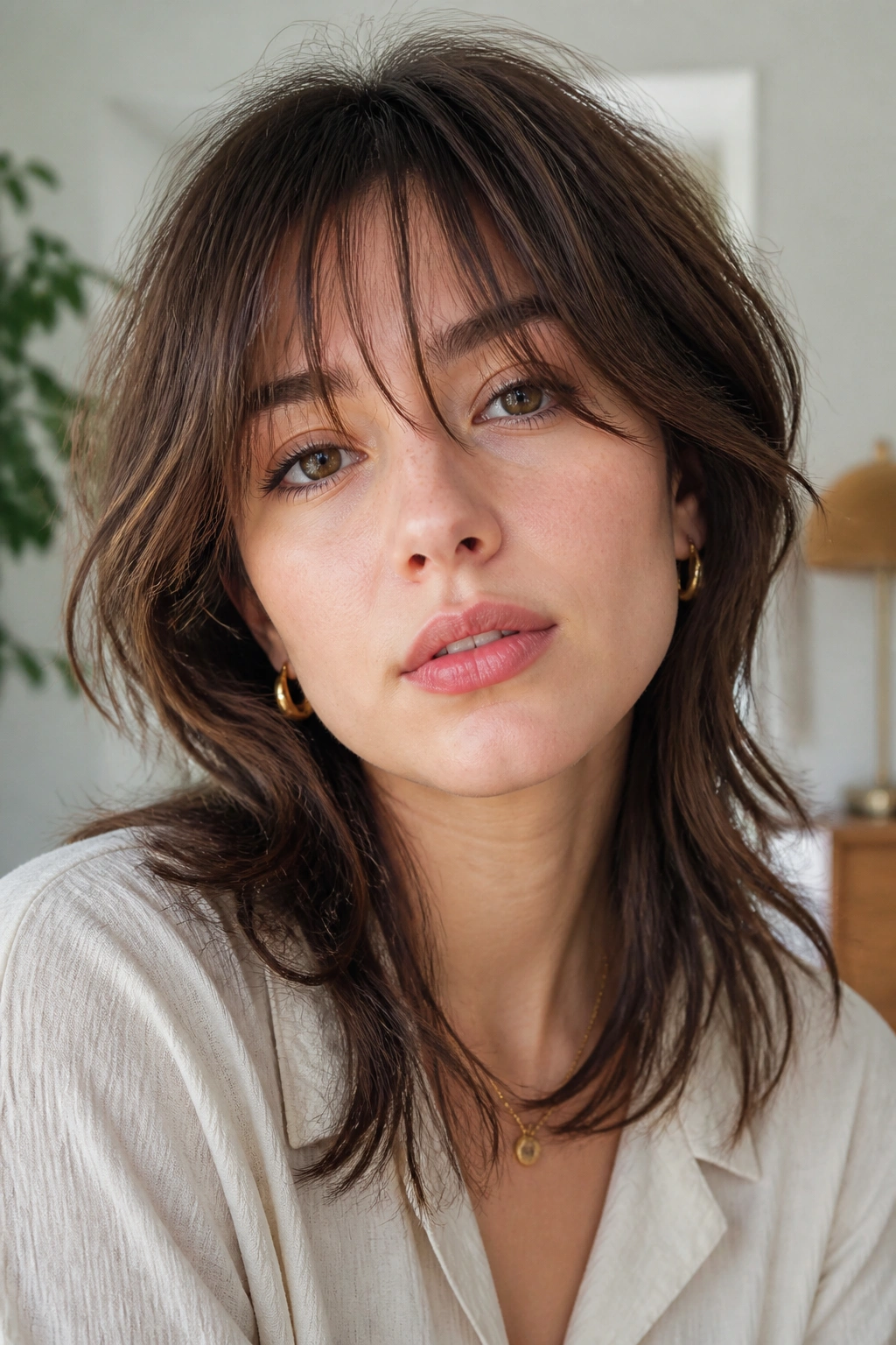 Close-up of real person with wispy bangs and wolf cut in home light