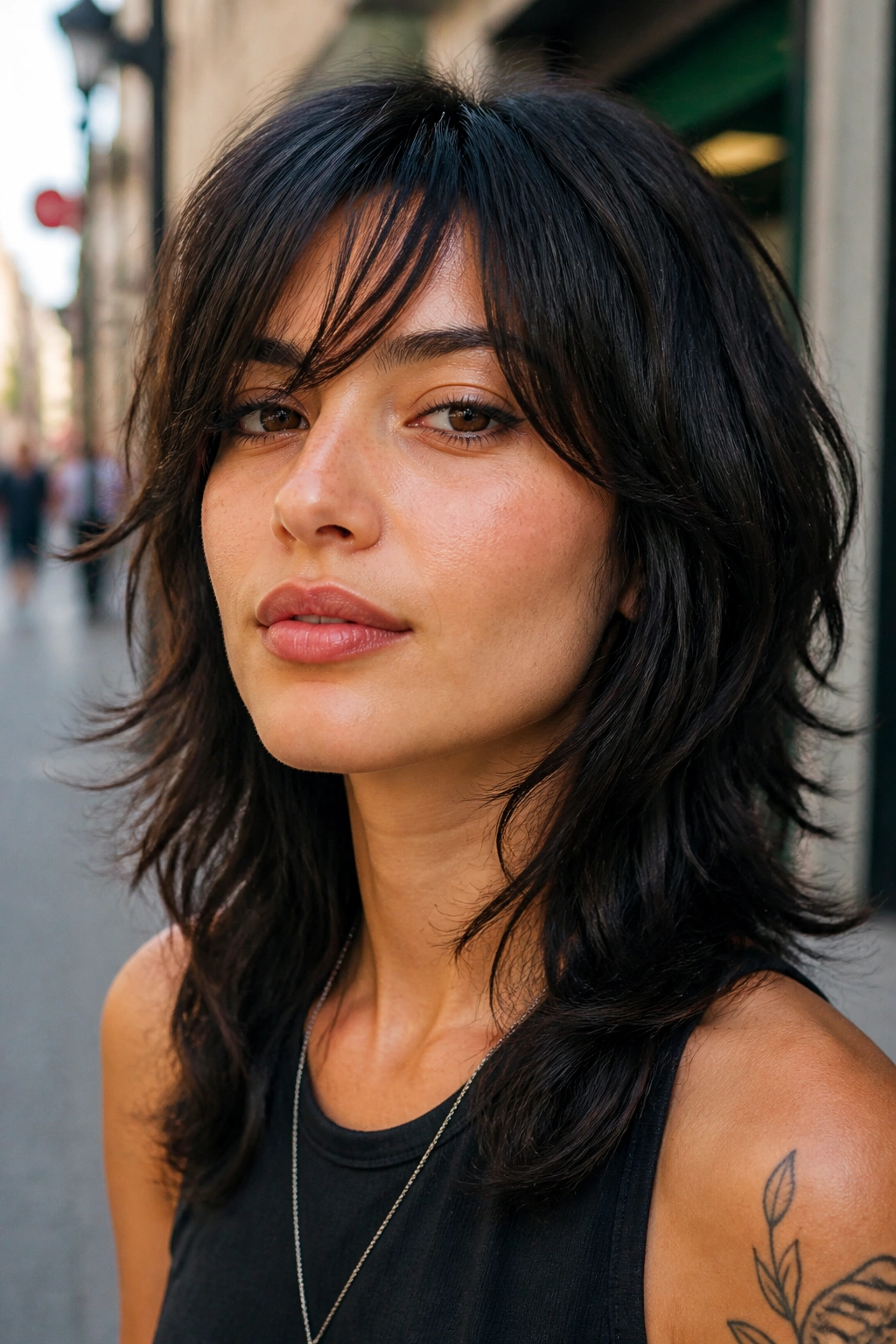 Close-up portrait of a real woman with a wolf cut and wispy diagonal fringe