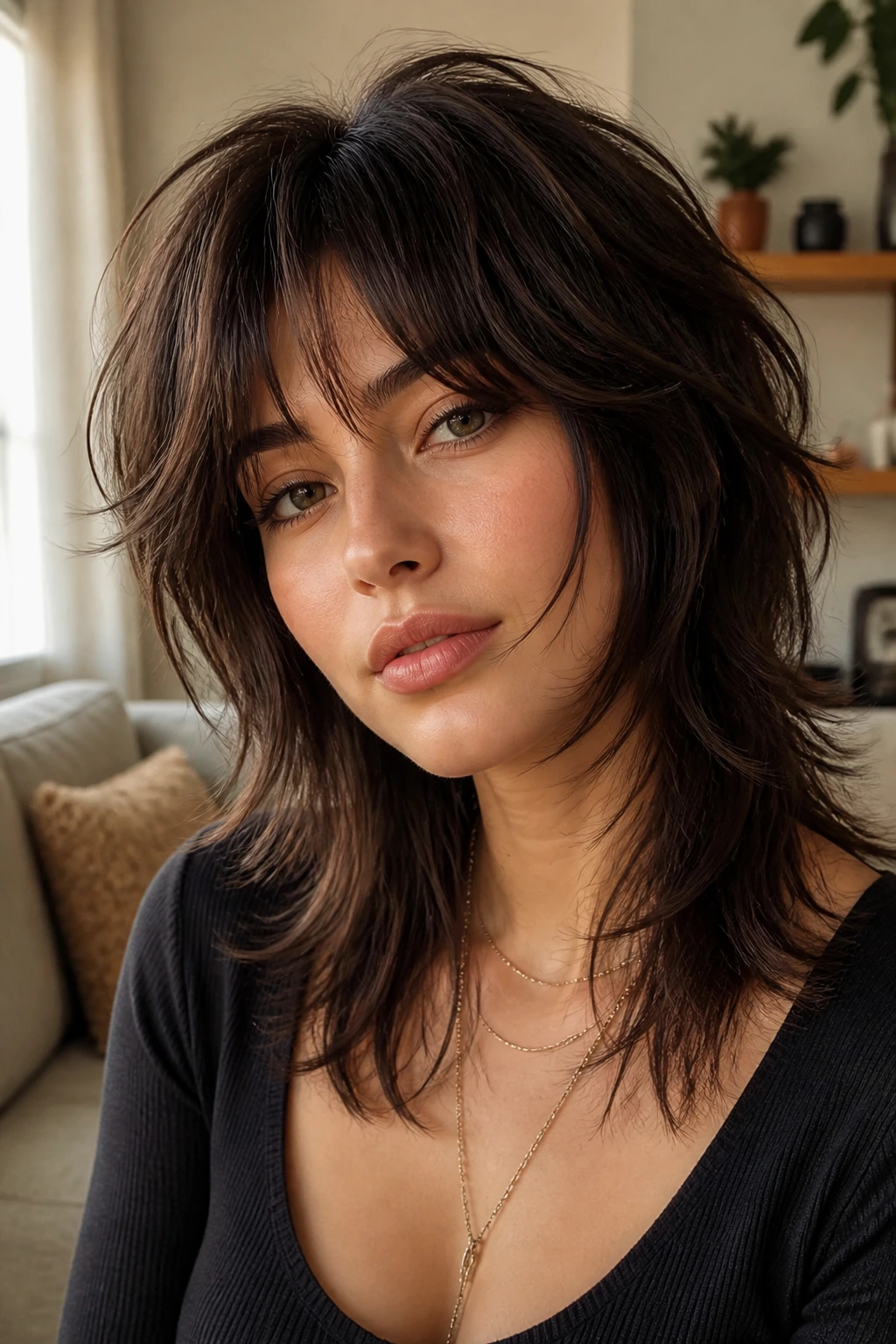 Close-up portrait of a real person with soft razor wolf cut and wispy face frames, natural light