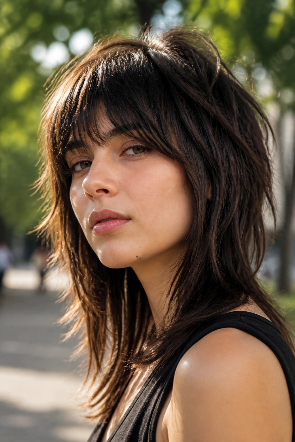 Close-up portrait of a real woman with crown-height layers and longer front lengths in a wolf-inspired shag.