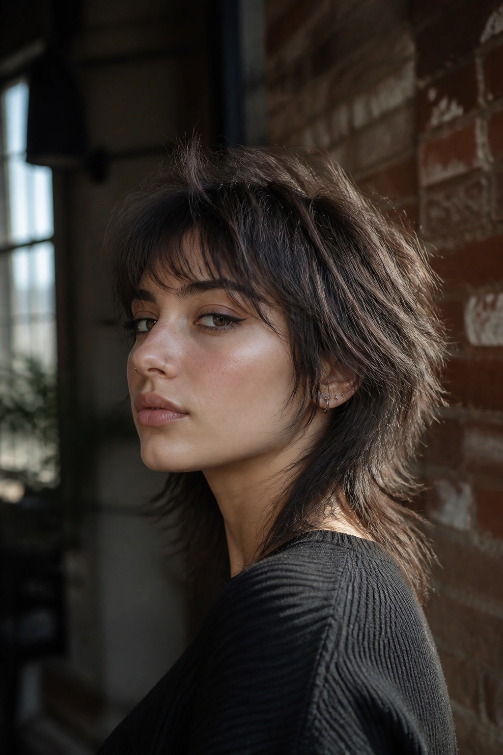Real person with wolf-inspired shag and tapered back in moody loft