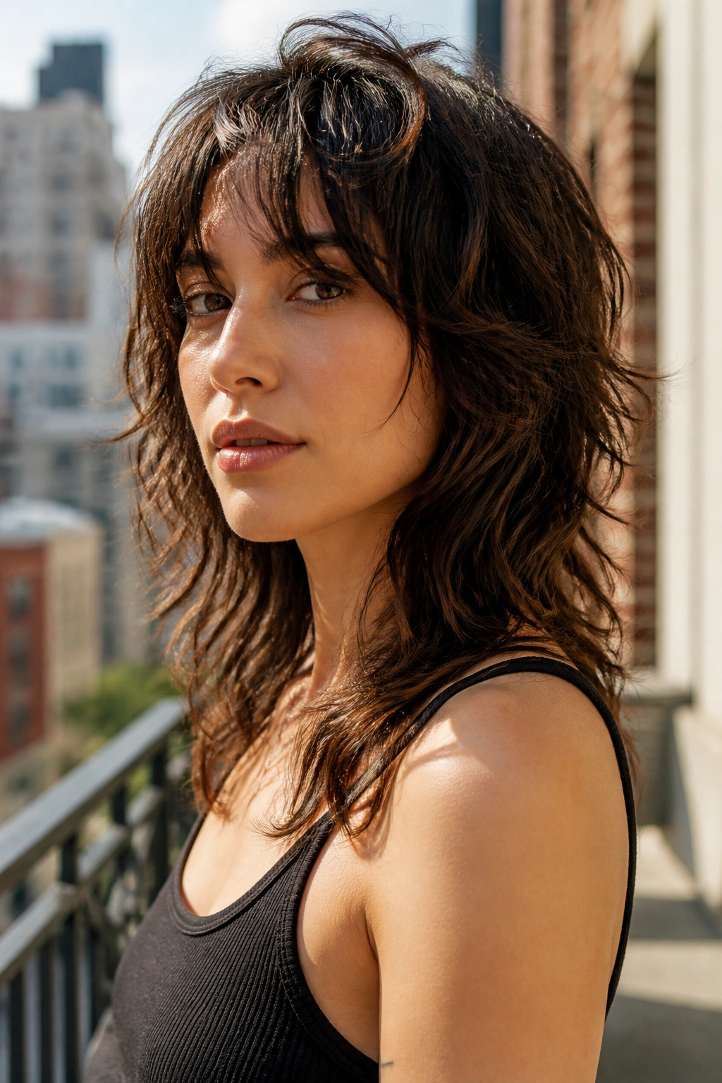 Close-up of a real woman with a lifted crown wolf-light shag (Wolf-Light Shag For Fine Hair).