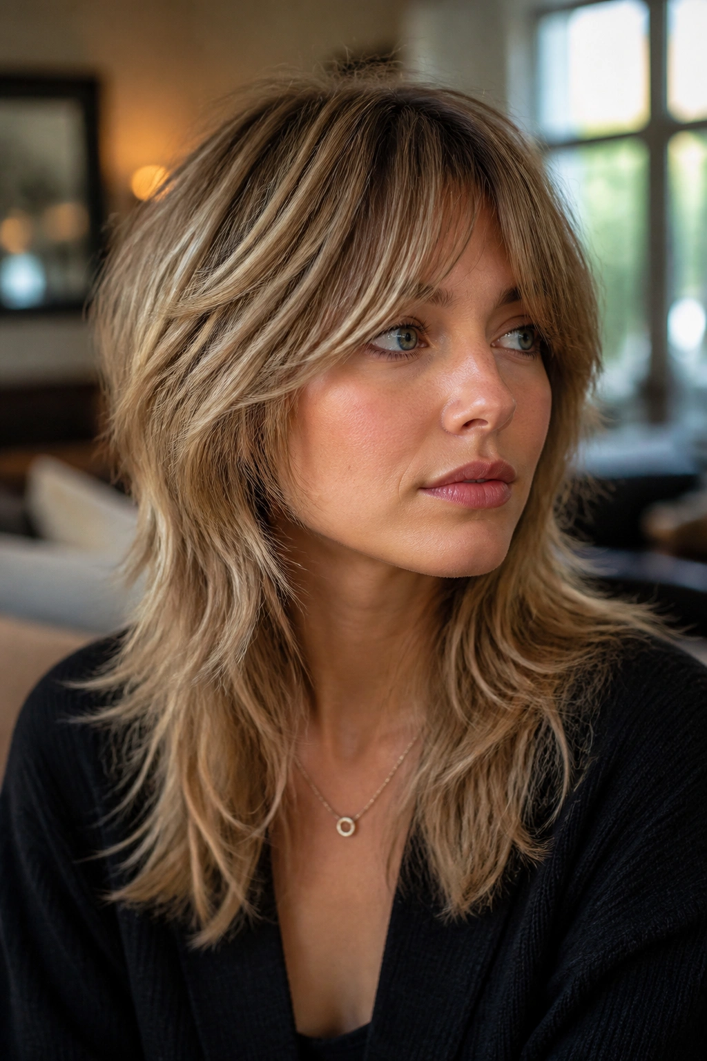 Close-up portrait of a real person with The Wolf-Light Shag in a warm sunlit living room