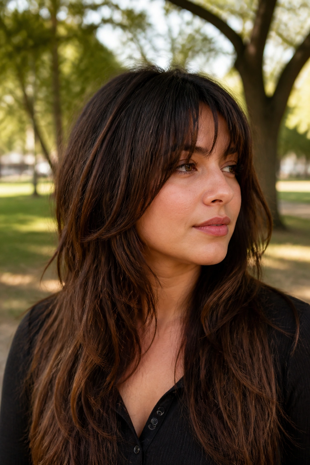 Portrait of real woman with wolf-lite layers, textured crown and softened sides, outdoor light