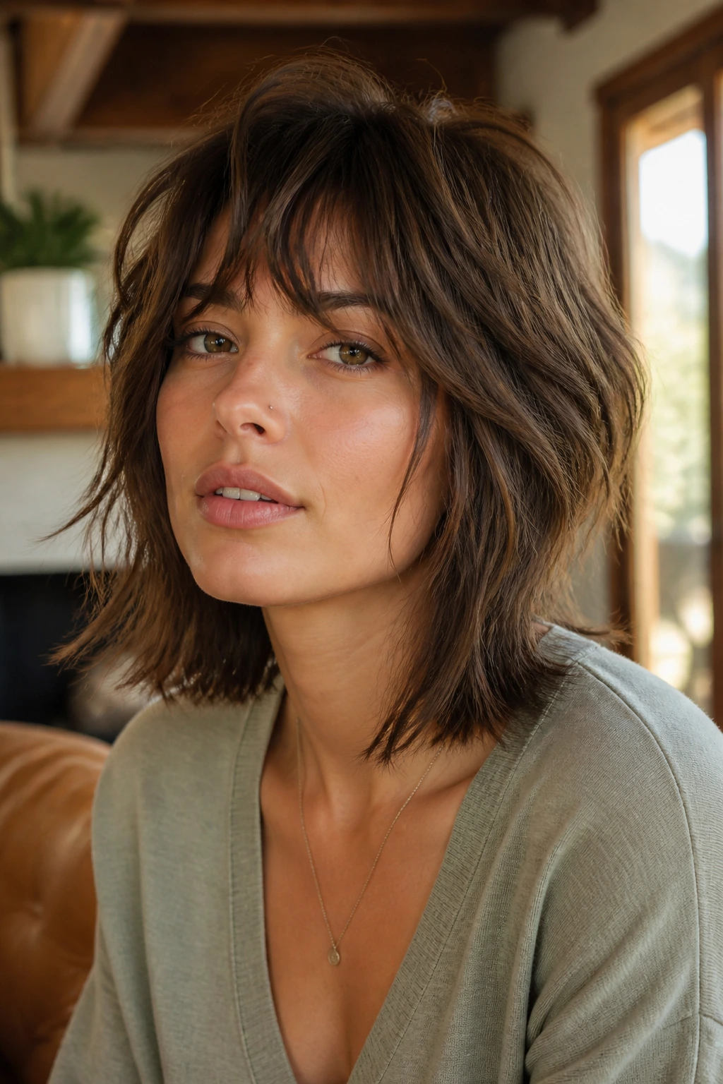 Close-up portrait of a woman with a soft wolf-lob hybrid hairstyle in natural window light