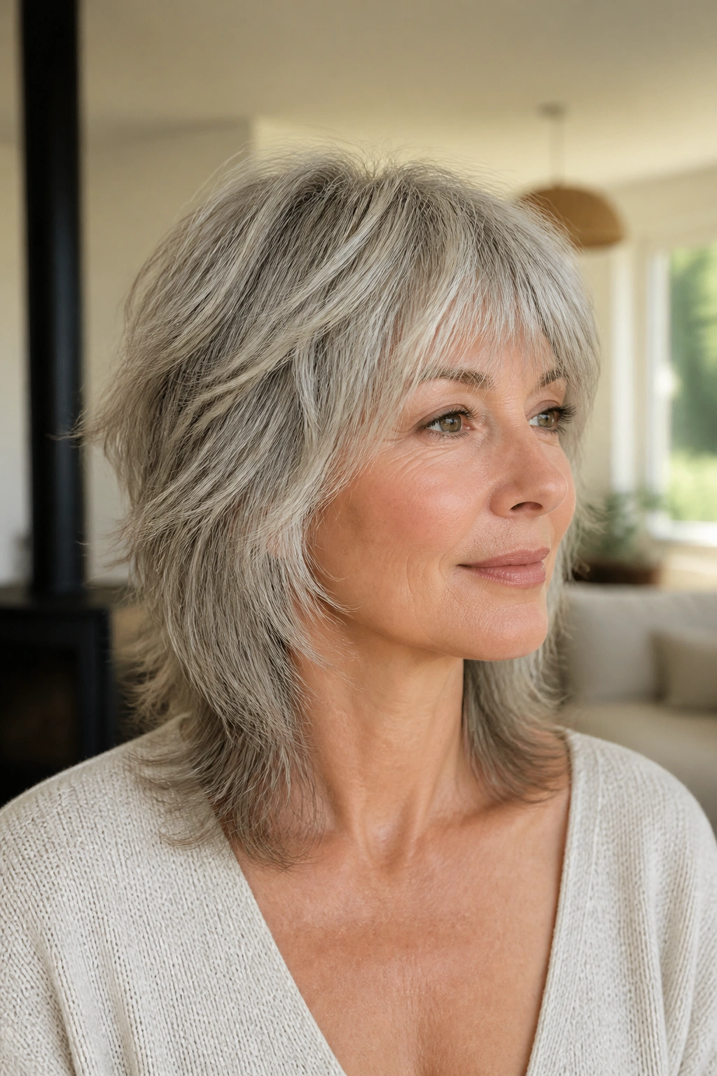 Close-up portrait of a real woman with soft wolf shag in gray hair, crown shorter and back longer