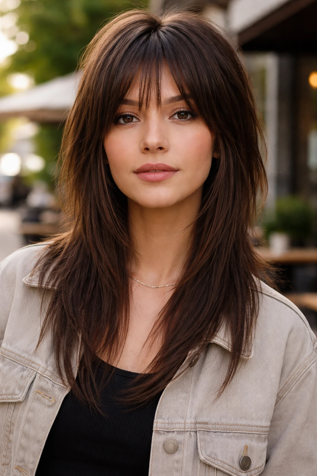 Close-up portrait of a real person with wolf-shag hybrid haircut for straight hair