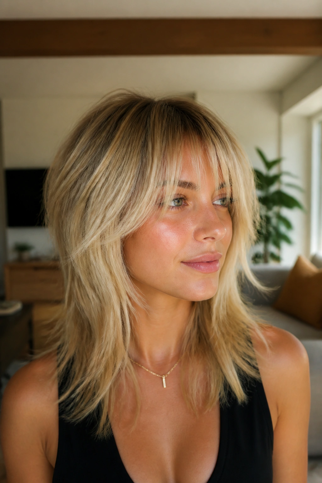 Real woman wearing wolf-shag lite on straight hair in a warm daylight living room
