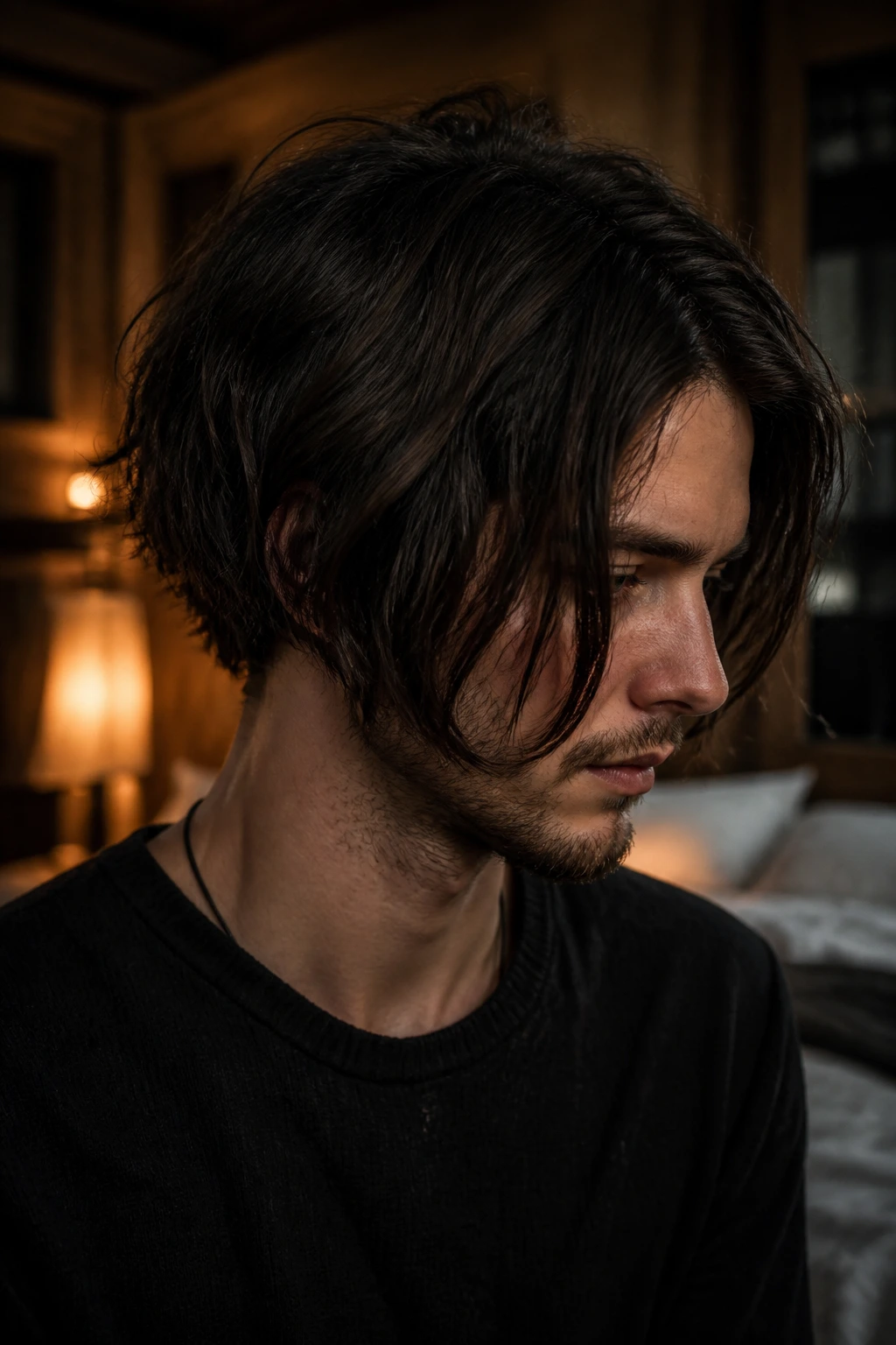 Man with wolfish inverted bob featuring textured top and wild edge.