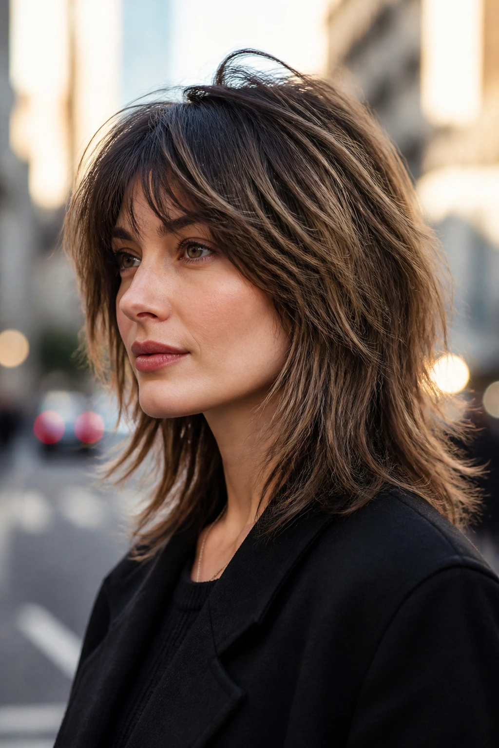 Close-up portrait of a real person with wolfish lob and crown layers