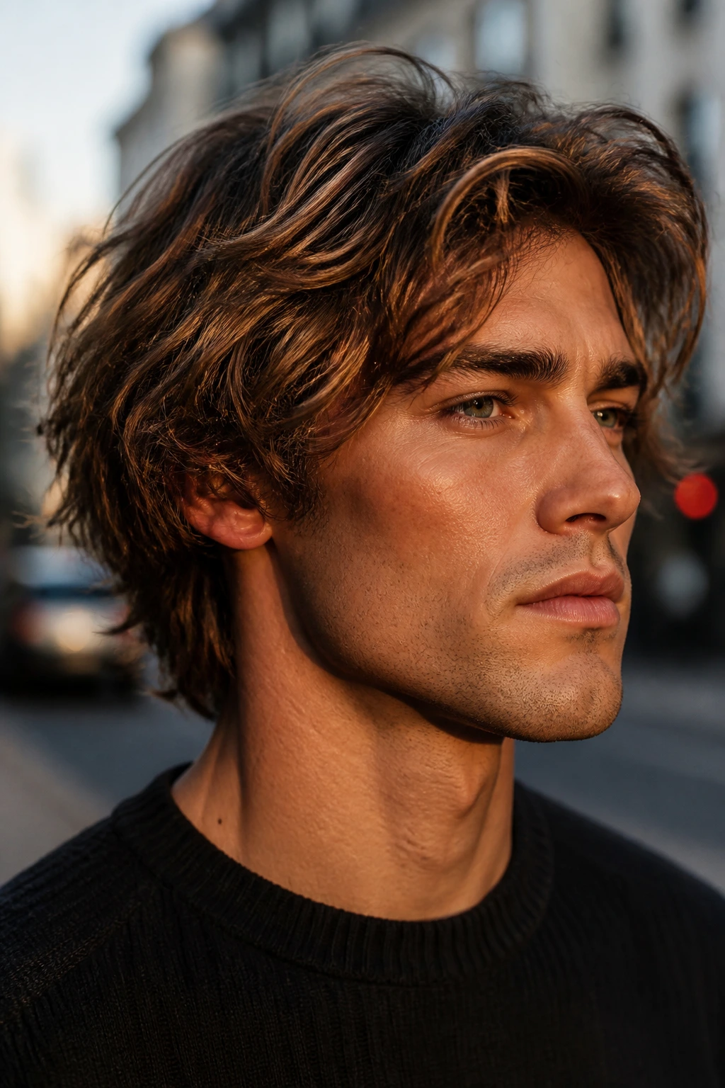 Close-up portrait of a man with a Wolfy bob featuring lifted crown and texture