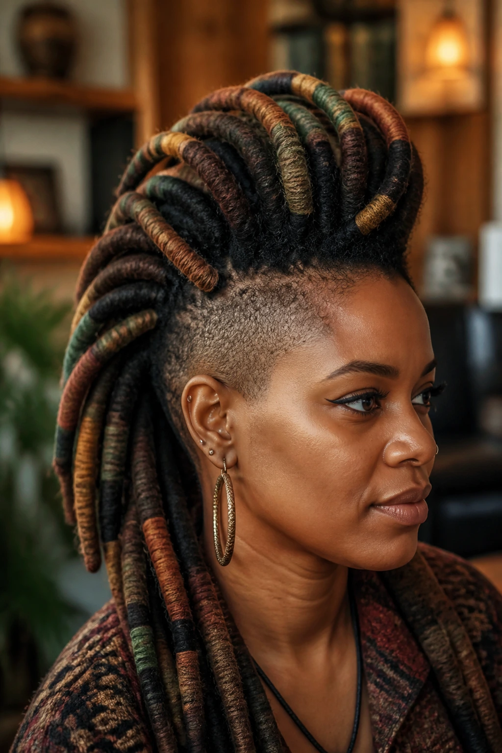 Close-up of wool-wrapped dread mohawk on real person in cozy room