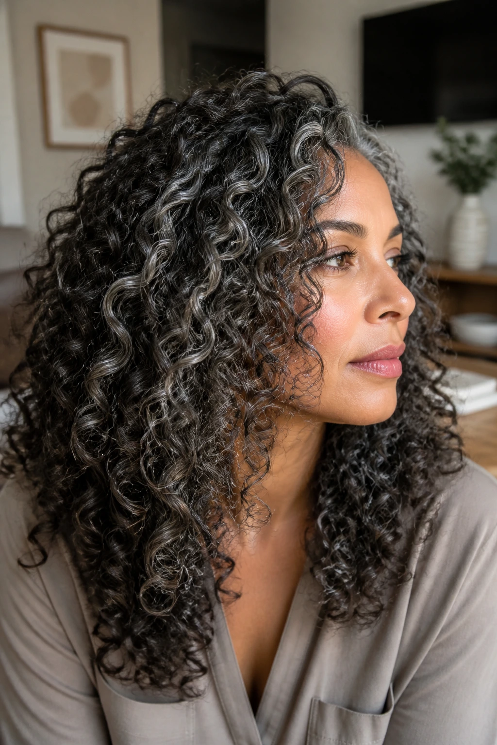Close-up of curly hair with woven silver strands integrated into the curls.