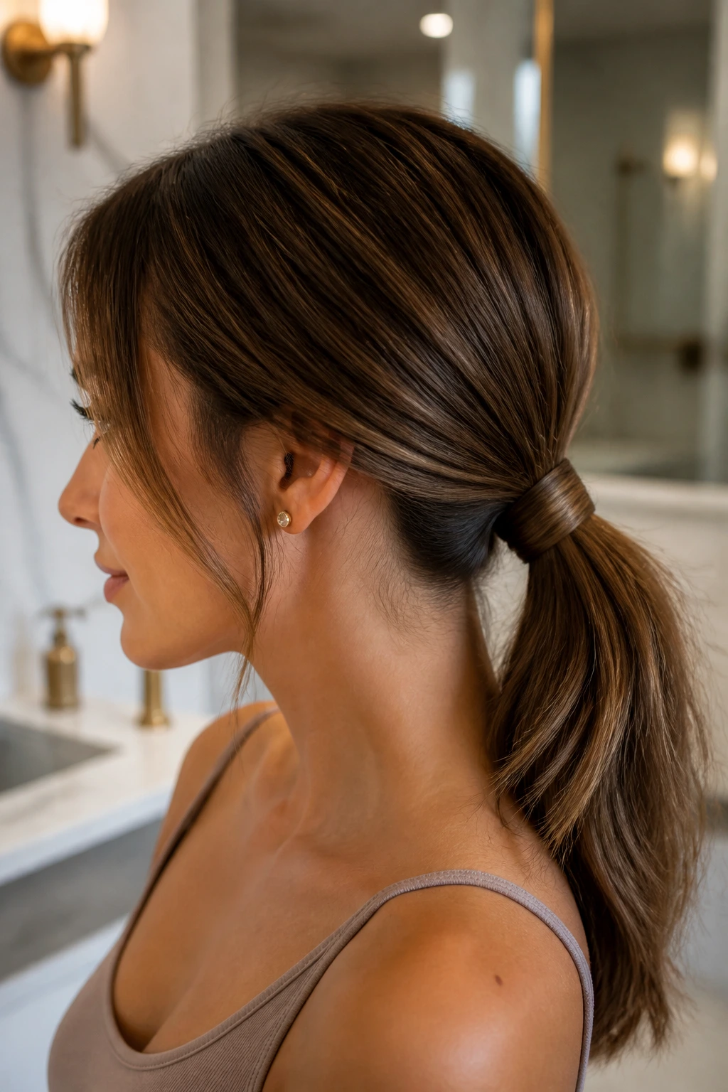 Profile view of a real woman with wrapped-base ponytail and hidden elastic