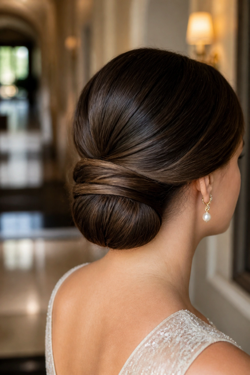 Close-up of a real woman with a wrapped chignon at the nape