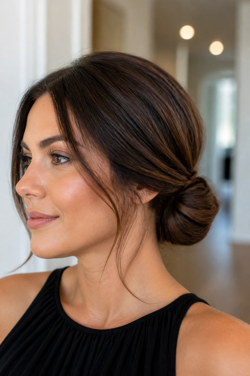 Close-up of a real woman with a wrapped low knot hairstyle.