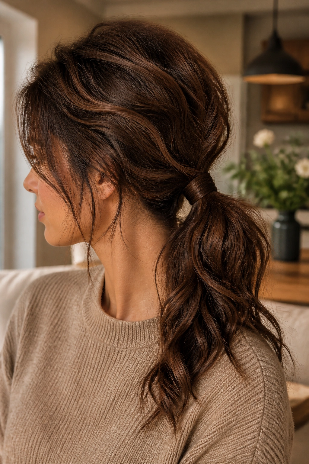 Low ponytail with wrapped hair around elastic on real person