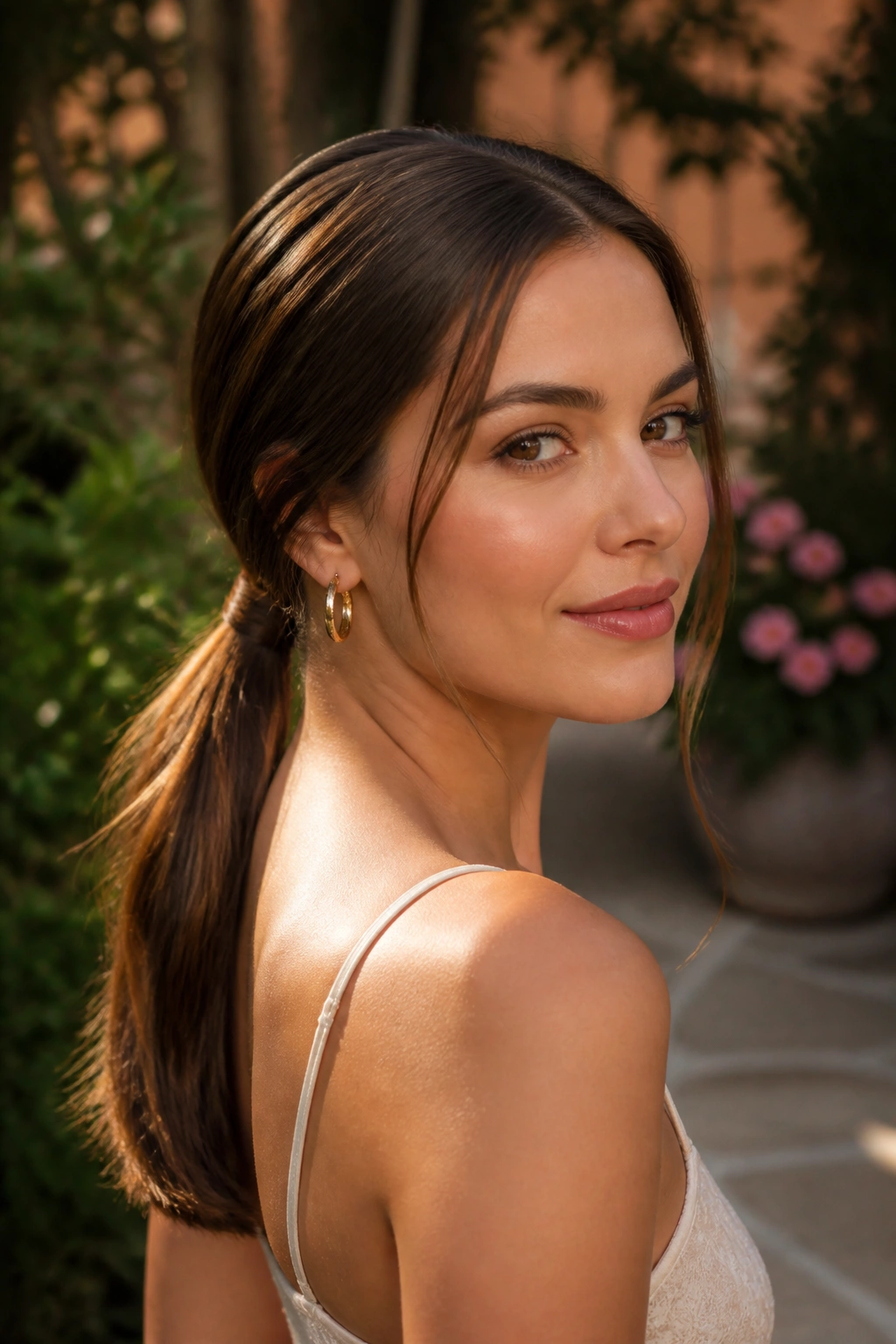 Close-up of a woman with a wrapped low ponytail