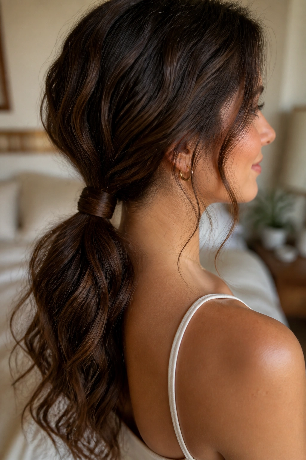 Close-up of a real woman with a wrapped low ponytail at the nape for wavy hair.