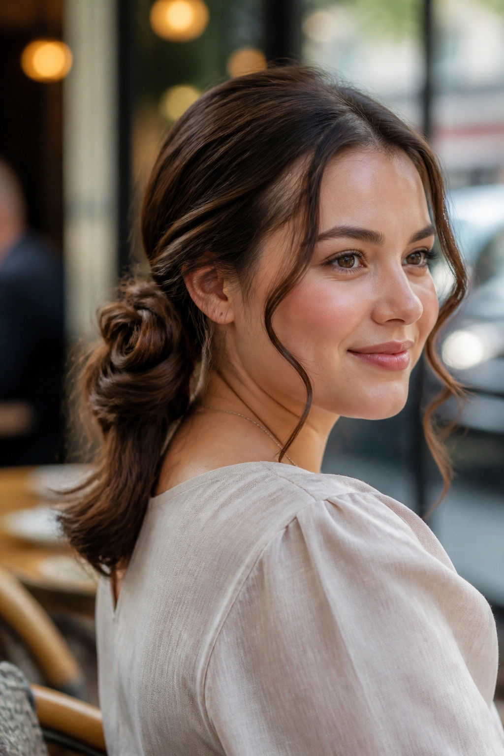 Portrait of a woman with a wrapped rose ponytail and side tendrils