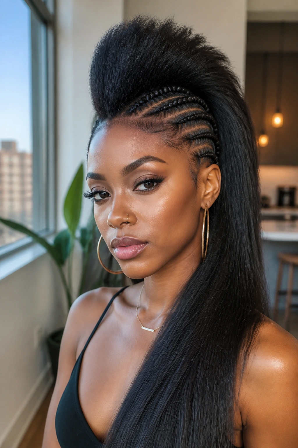 Close-up of a real Black woman with a long straight Yaki crochet mohawk in a bright room.