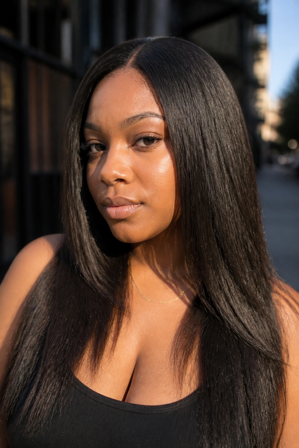 Close-up of a real Black woman with yaki straight natural-blend weave