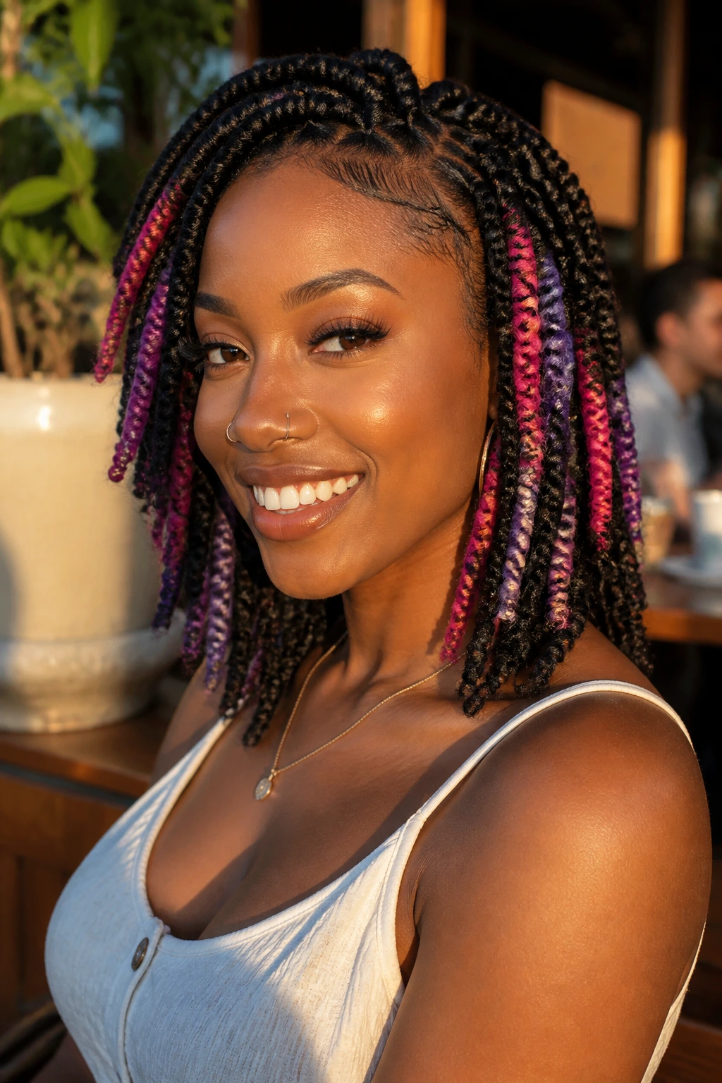 Close-up portrait of a real person with yarn twists