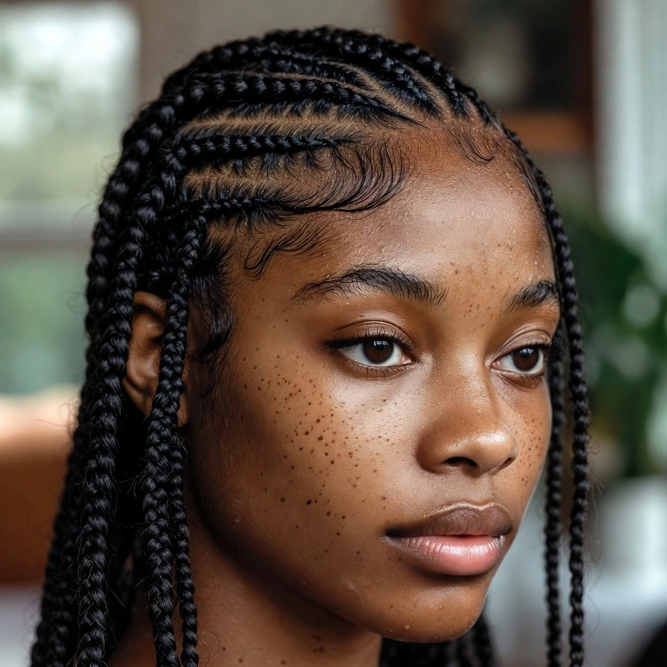 Real woman with crisp zig-zag part cornrows in a stylish living room