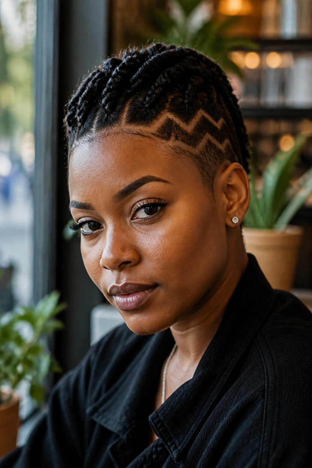 Close-up of a person with a zig-zag part mohawk