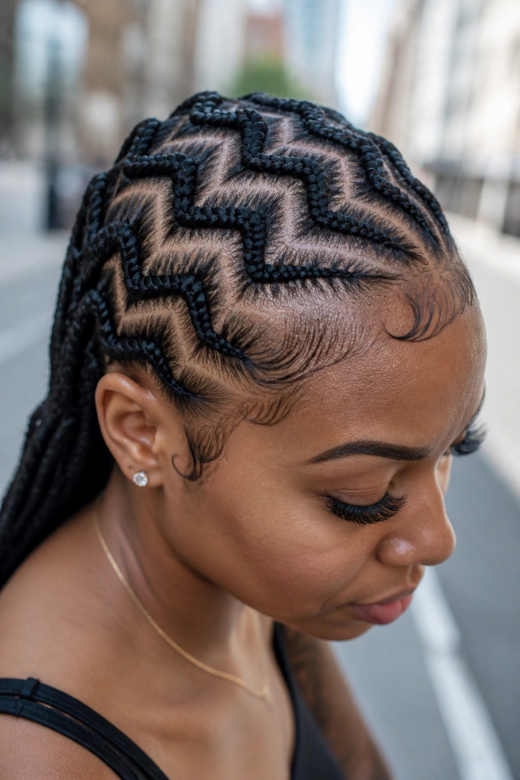 Close-up of a woman with zig-zag cornrows