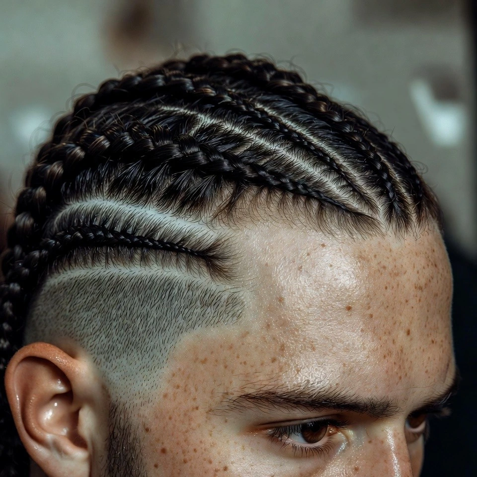 Portrait of a real person with zigzag cornrows and a graphic back shaved detail