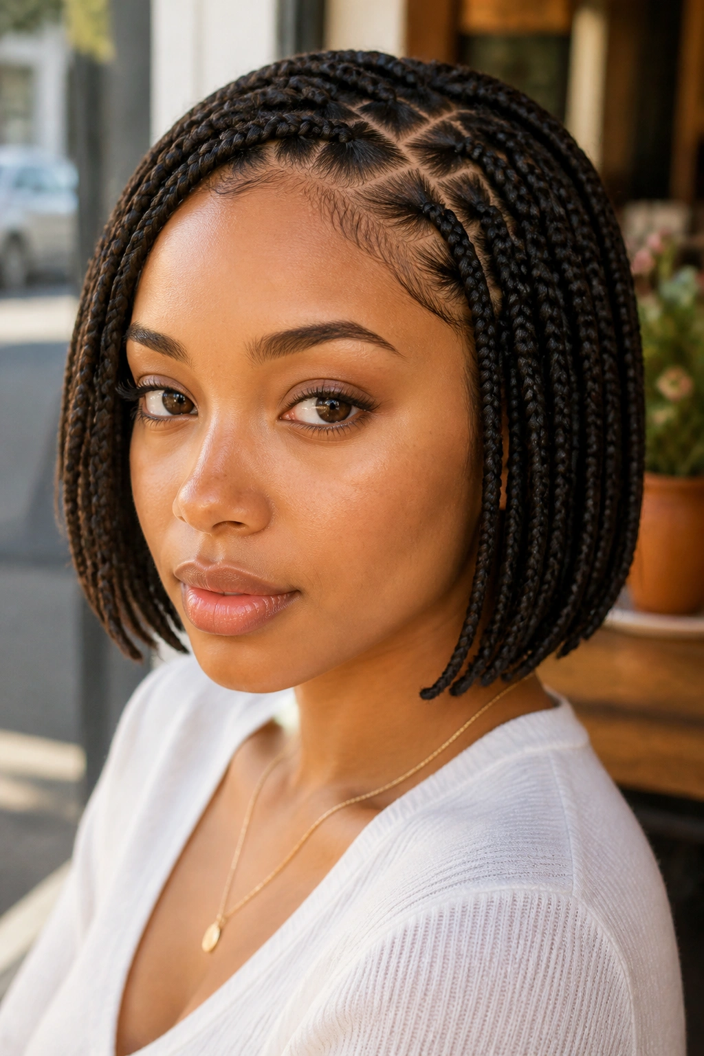Close-up of a real person with a zigzag-part knotless braids