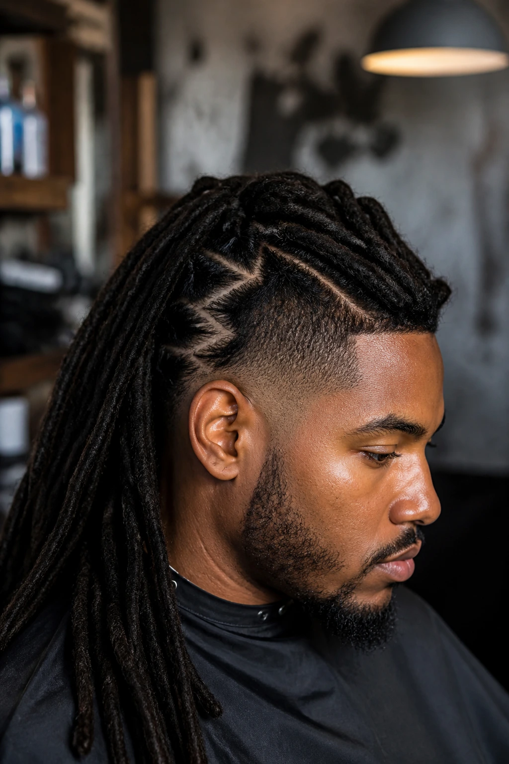 Close-up portrait showing zig-zag shaved mohawk lines on a real person