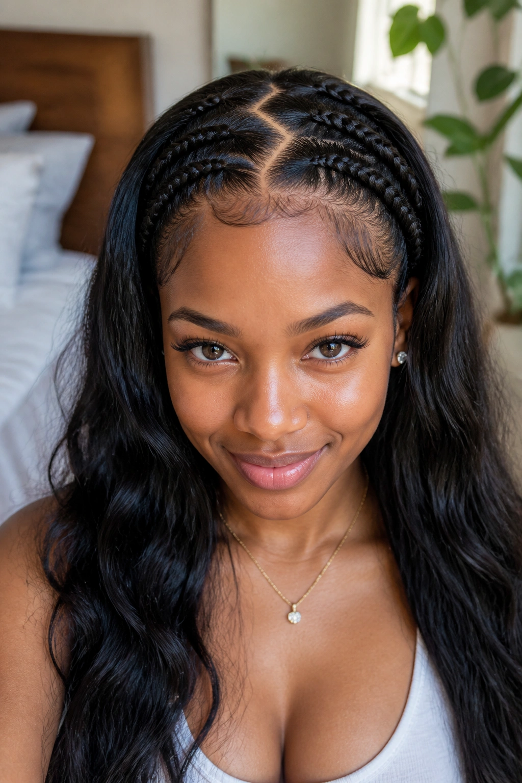 Close-up portrait of a real woman with a zigzag part braid