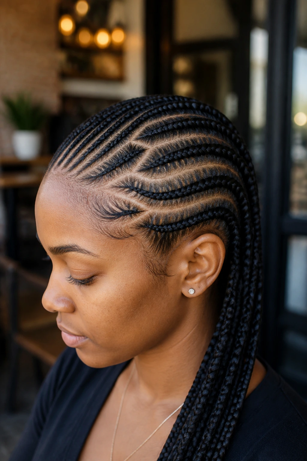 Portrait of a real woman with zig-zag part cornrows.