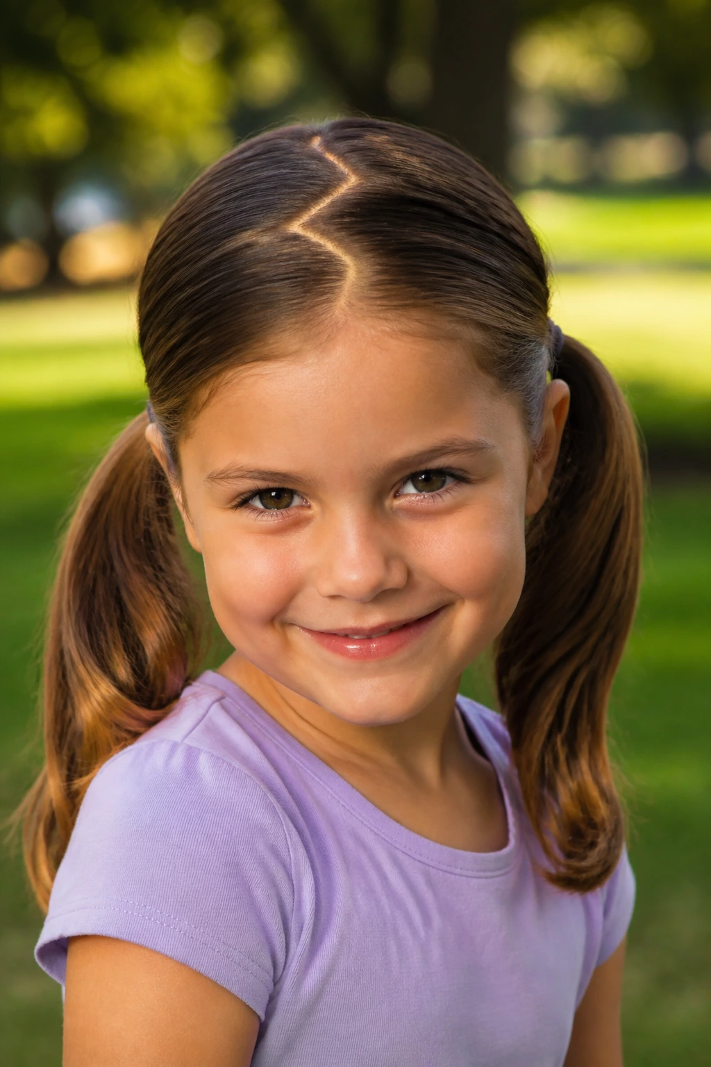 Portrait of a girl with zigzag-part pigtails in a park