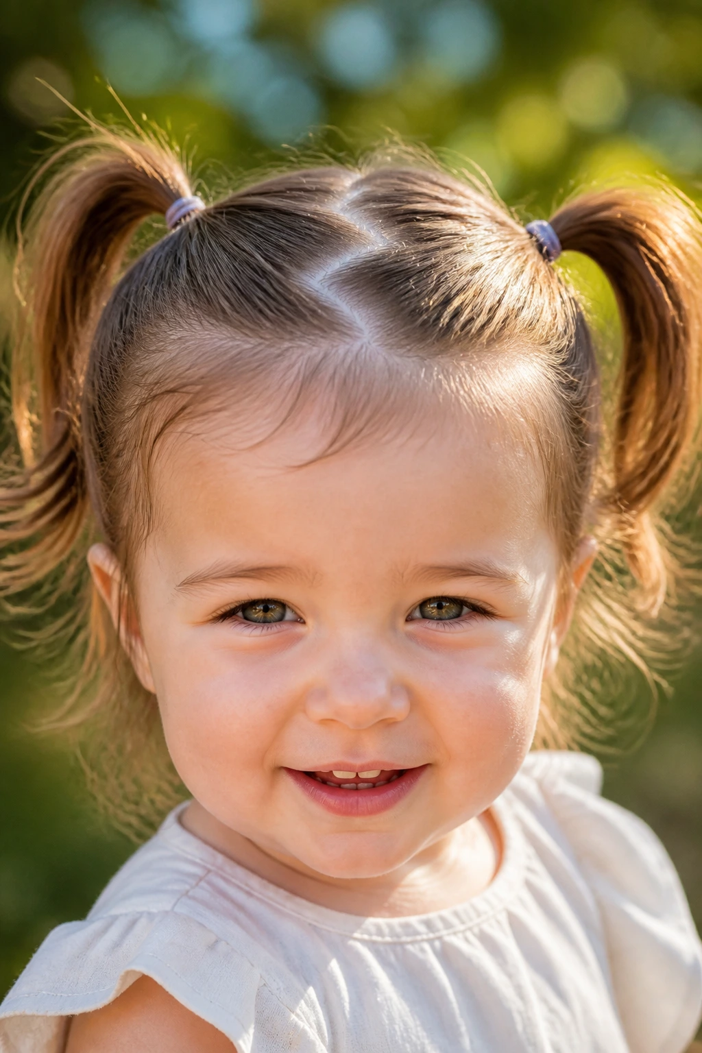 Close-up of a toddler with zigzag-part pigtails