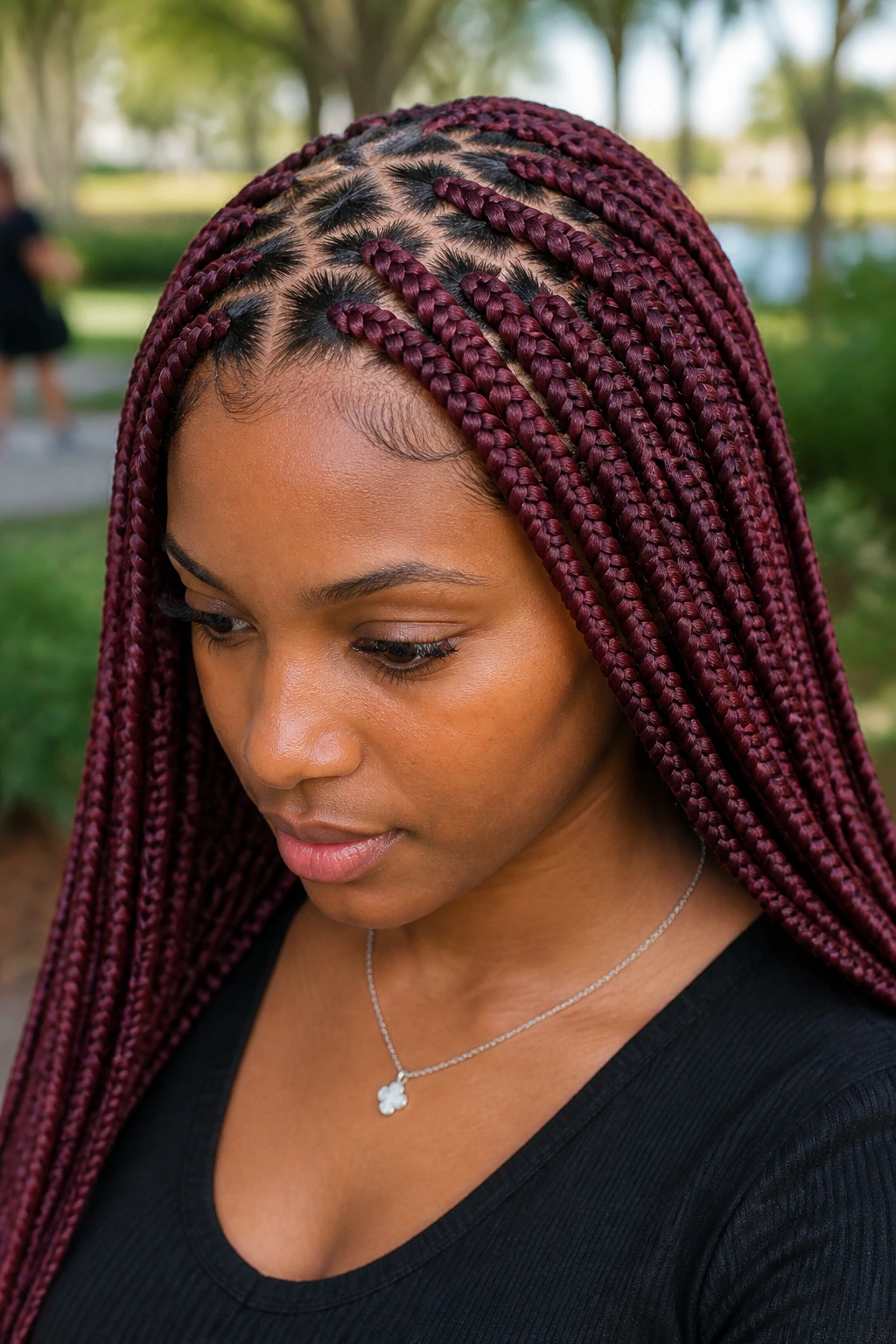 Portrait of a woman with burgundy box braids and zigzag parts
