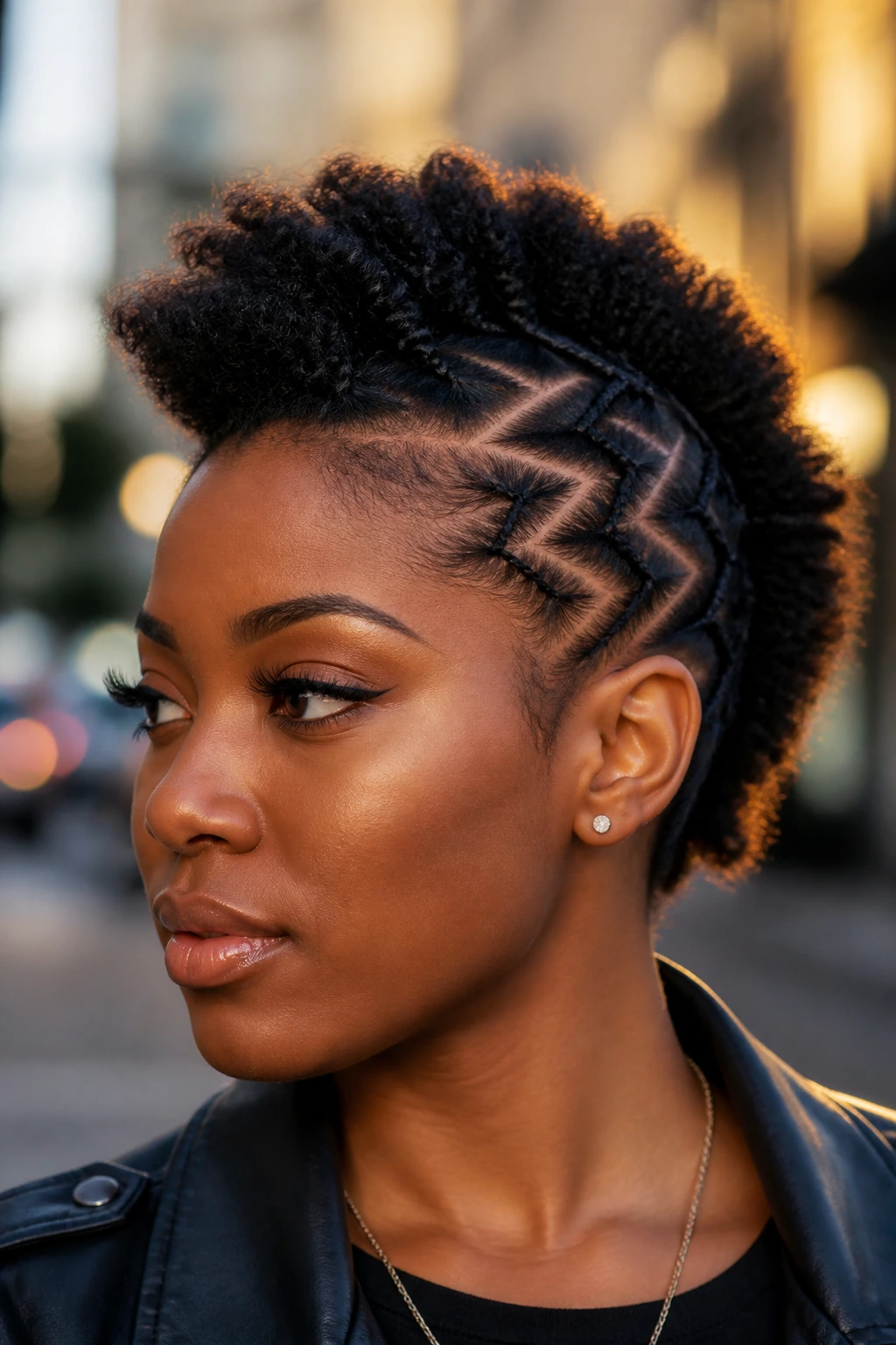 Close-up portrait of a real person with zig-zag parts on the mohawk sides and a center mohawk.