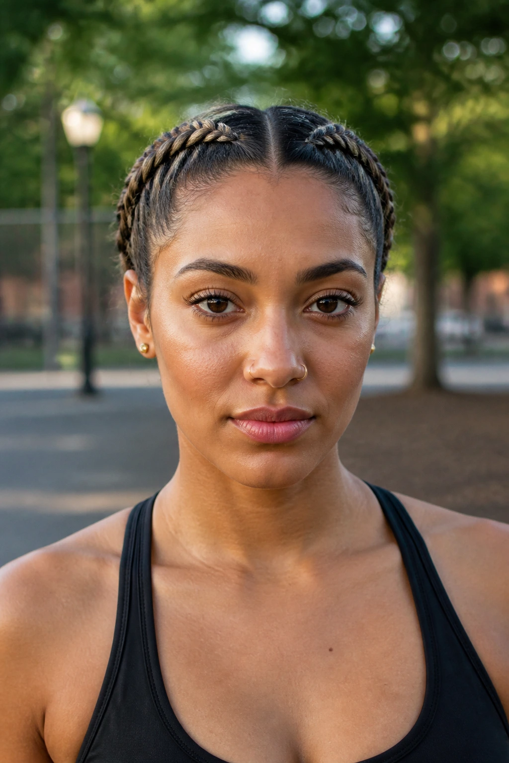 Boxer braids on real woman in park light
